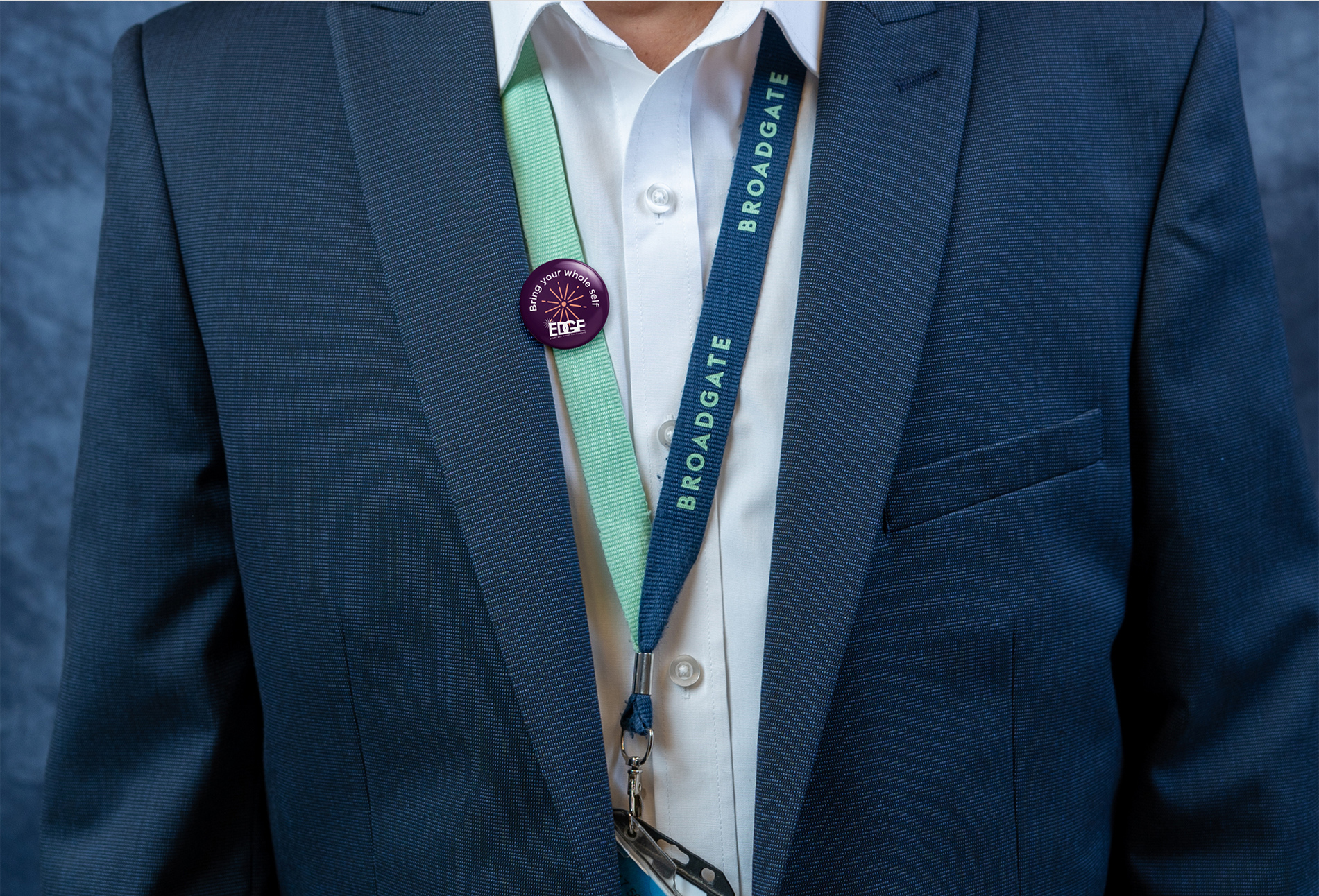 Purple EDGE appreciation badge worn with a Broadgate lanyard