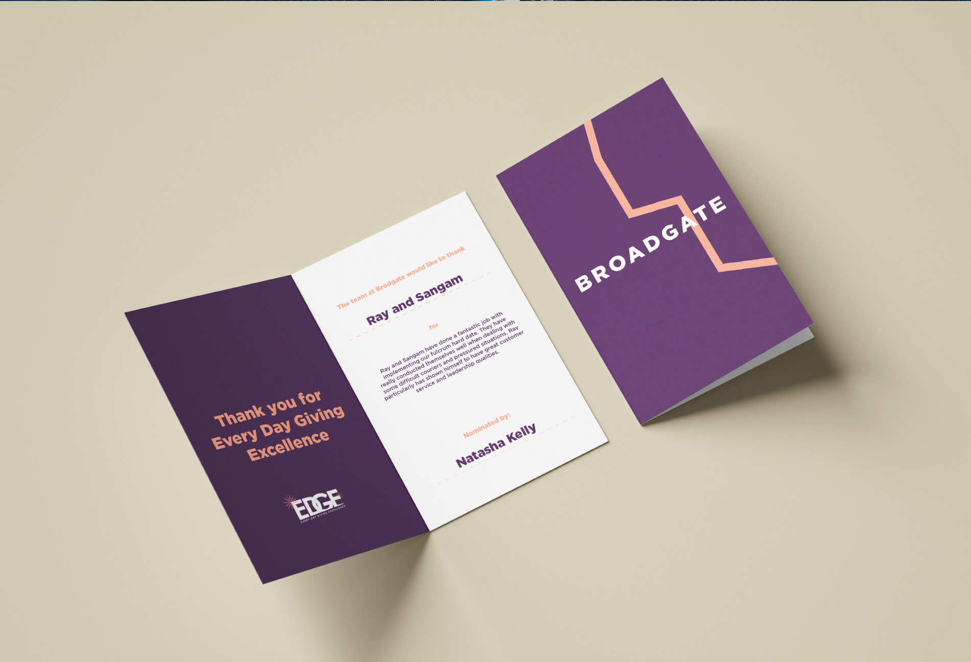 Broadgate EDGE thank-you card open beside its plum cover