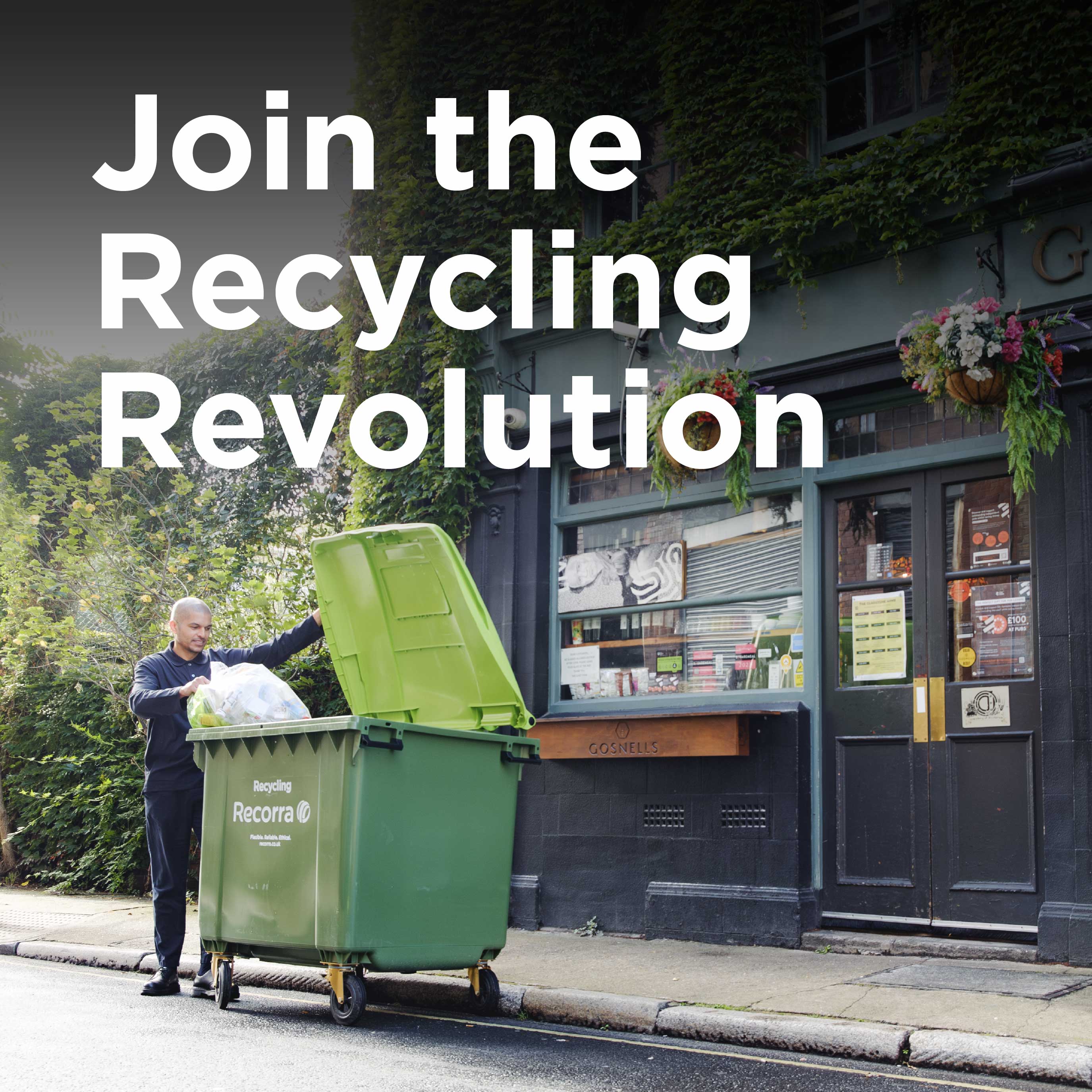 Customer using a Recorra recycling bin outside a local business