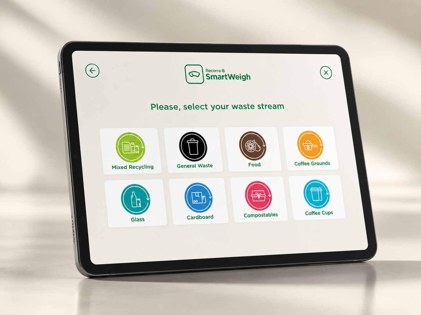 Recorra SmartWeigh tablet interface showing waste stream choices
