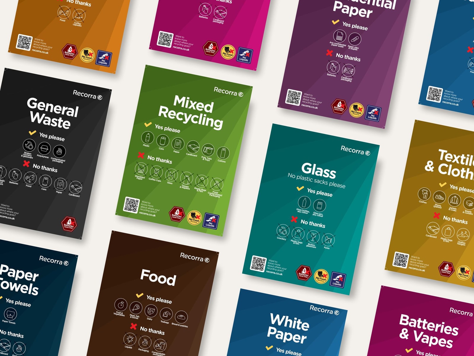Colour-coded Recorra signage for different waste streams